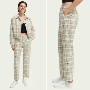 NEW Scotch & Soda Free People Abott Checked Plaid Palm Tree Embroidered Pants